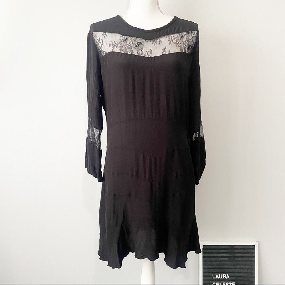 IRO black mini dress lace crew neck lightweight size 40 size 8 long sleeve